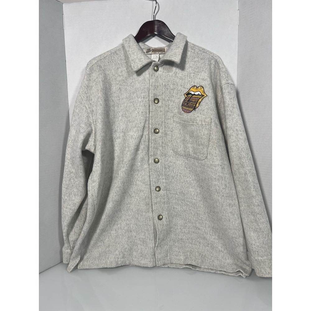 VTG AKWA Rolling Stones Shirt Button Fleece Lips Tongue Lips Logo Size XL 082